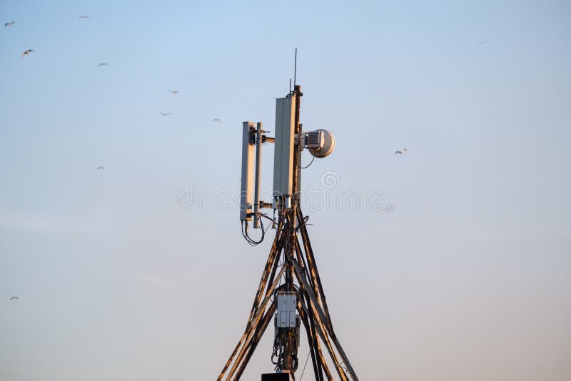 Technology of telecommunication GSM 5G,4G,3G tower. Cellular phone antennas on a building roof. Receiving and transmitting stations with birds on the background. Technology of telecommunication GSM 5G,4G,3G tower. Cellular phone antennas on a building roof. Receiving and transmitting stations with birds on the background.