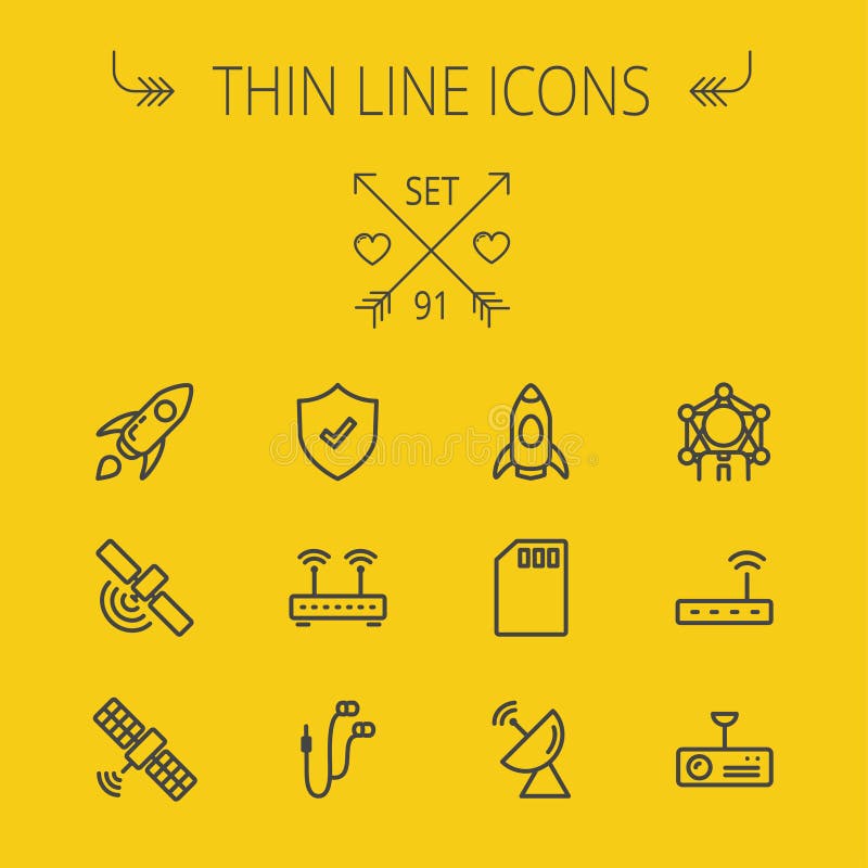 Technology thin line icon set for web and mobile. Set includes - start up, satellite, shield, router, wifi, earphone, memory card, radar. Modern minimalistic flat design. Vector dark grey icon on yellow background. Minimal shield vectors