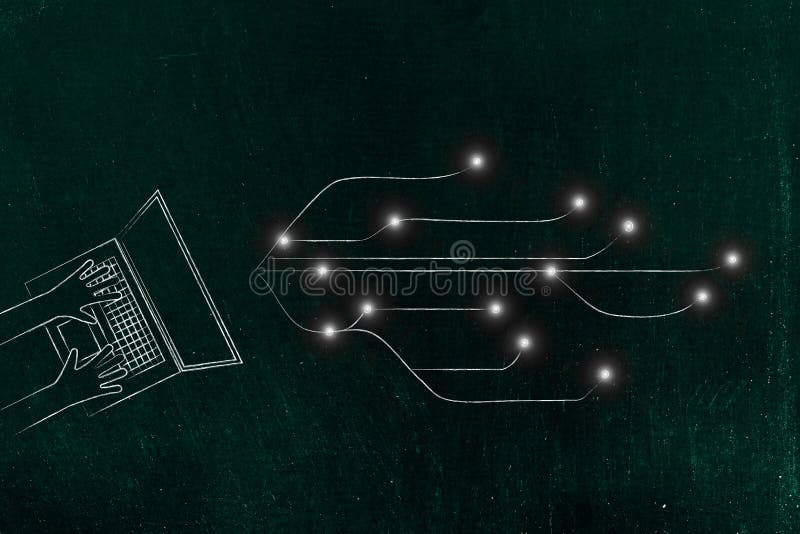 Laptop user next to internet connection lines and nodes stock illustration