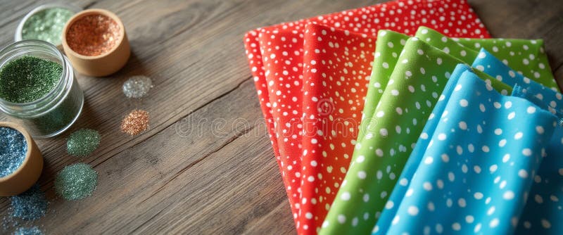 Tecidos coloridos com bolinhas e purpurina brilhante fotos de stock royalty free