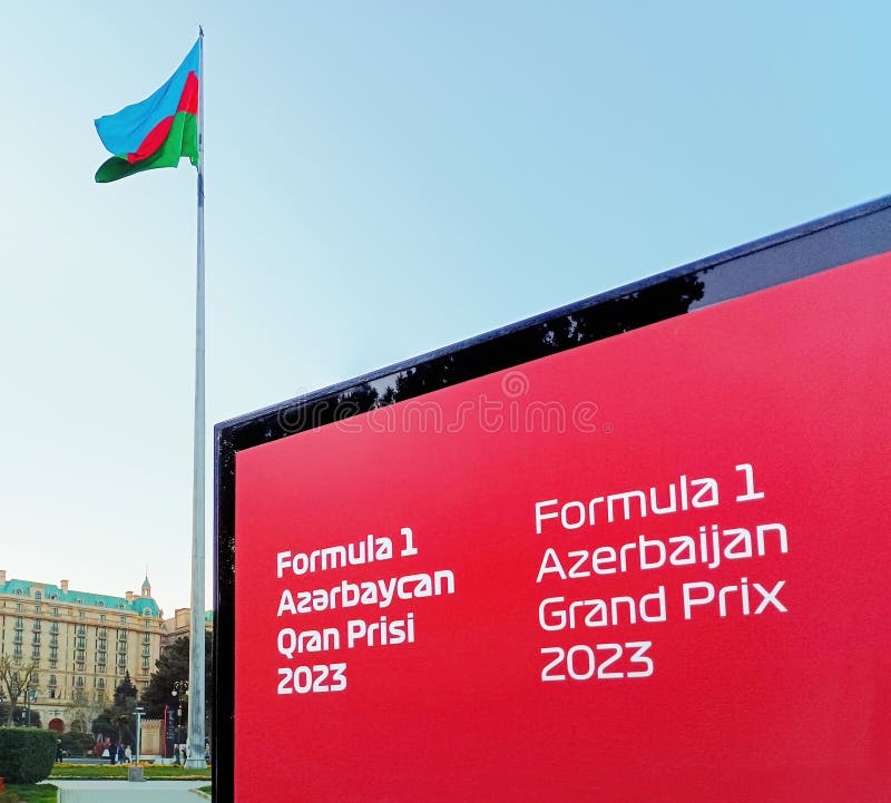 Sign Formula 1 Baku, F1 logo , 28-30 April 2023 and Azerbaijani flag. Grand Prix, Baku City Circuit. Preparing for an F1 race. Sign Formula 1 Baku, F1 logo , 28-30 April 2023 and Azerbaijani flag. Grand Prix, Baku City Circuit. Preparing for an F1 race