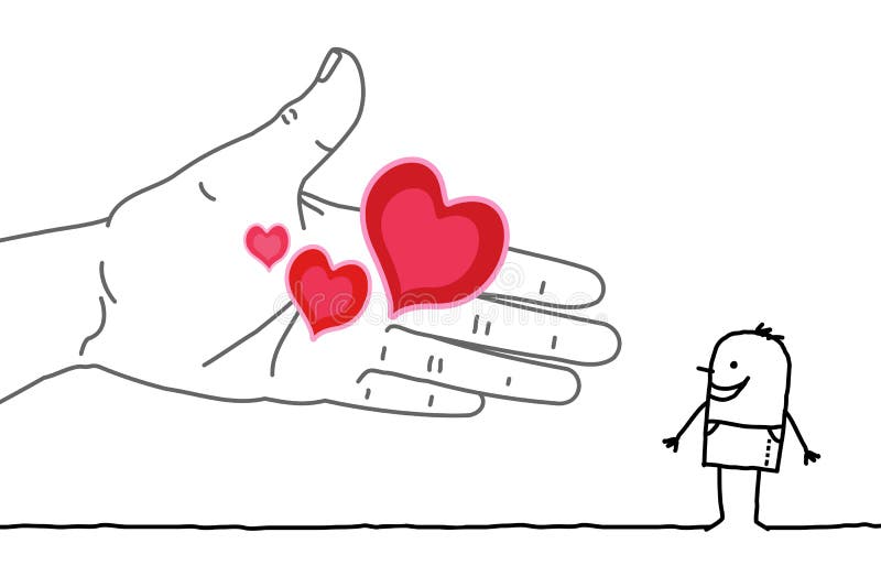 Tecken för stor hand och tecknad film- erbjudande hjärtor vektor illustrationer Tecken för stor hand och tecknad film- erbjudande hjärtor vektor illustrationer