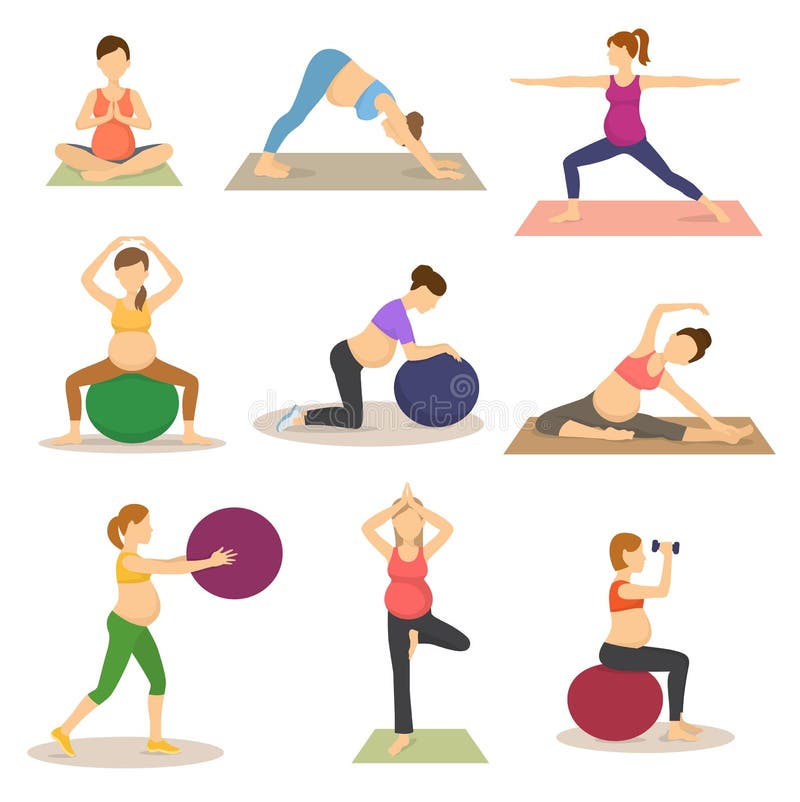 Teckenet för gravida kvinnan för konditionhavandeskapvektorn gör yoga eller övar med fitballillustrationuppsättningen av att förv stock illustrationer Teckenet för gravida kvinnan för konditionhavandeskapvektorn gör yoga eller övar med fitballillustrationuppsättningen av att förv stock illustrationer