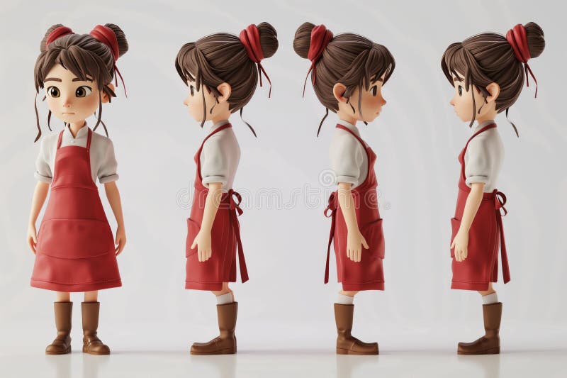 cartoon 3D character of a cute girl in a white shirt and a red apron from different angles right left. High quality photo AI generated. cartoon 3D character of a cute girl in a white shirt and a red apron from different angles right left. High quality photo AI generated