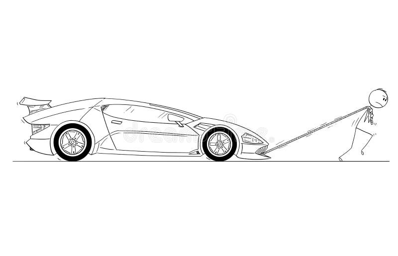 Cartoon stick drawing conceptual illustration of man or businessman pulling or dragging his broken or out of gas expensive luxury super sport car. Concept of wealth and certainties. Cartoon stick drawing conceptual illustration of man or businessman pulling or dragging his broken or out of gas expensive luxury super sport car. Concept of wealth and certainties.