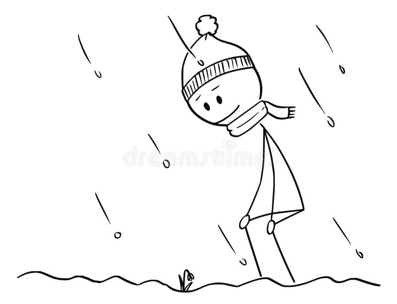 Tecknad film av mannen som grundar den första vårsnödroppeblomman i snö vektor illustrationer Tecknad film av mannen som grundar den första vårsnödroppeblomman i snö vektor illustrationer