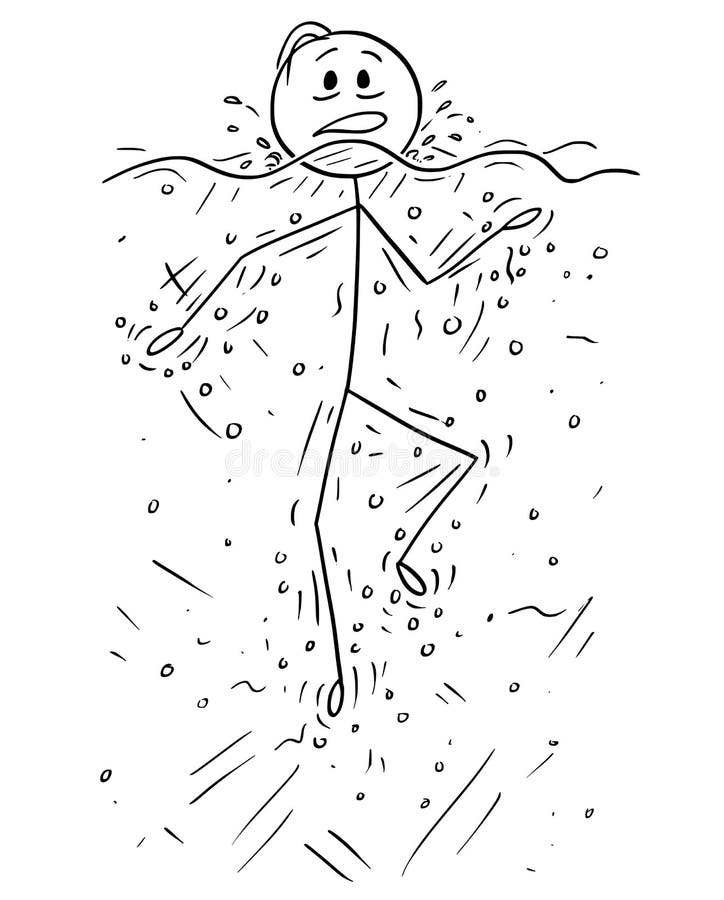 Cartoon stick drawing conceptual illustration of unhappy man swimming doing dog paddle or drowning in water. Cartoon stick drawing conceptual illustration of unhappy man swimming doing dog paddle or drowning in water.