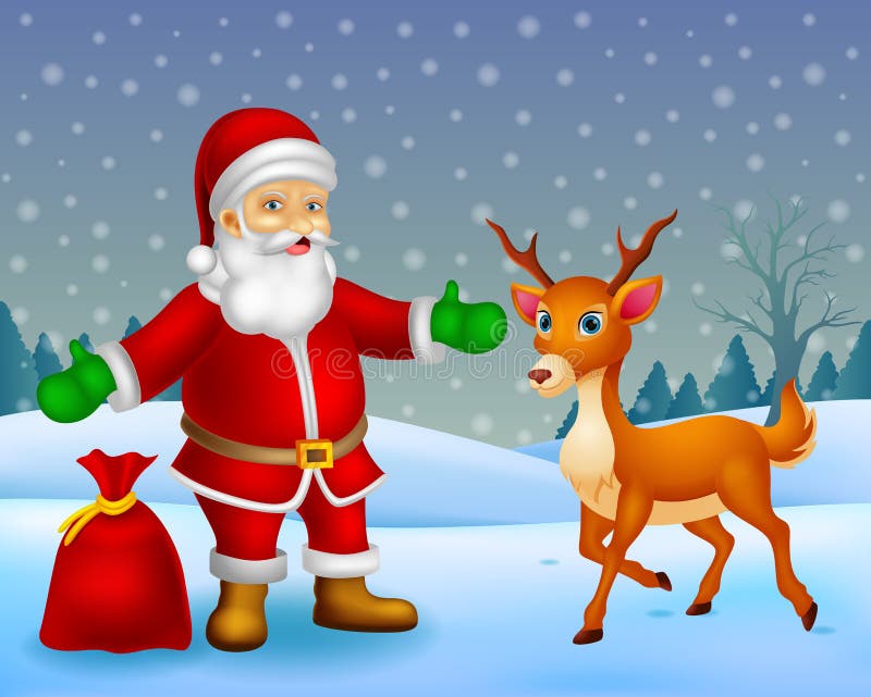 Tecknad film Santa Claus och tecknad filmhjortar med bakgrund stock illustrationer Tecknad film Santa Claus och tecknad filmhjortar med bakgrund stock illustrationer