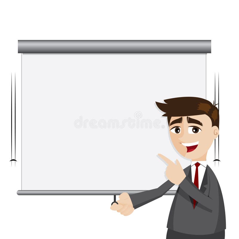 Tecknad filmaffärsmannen drar ner presentationsbrädet vektor illustrationer Tecknad filmaffärsmannen drar ner presentationsbrädet vektor illustrationer