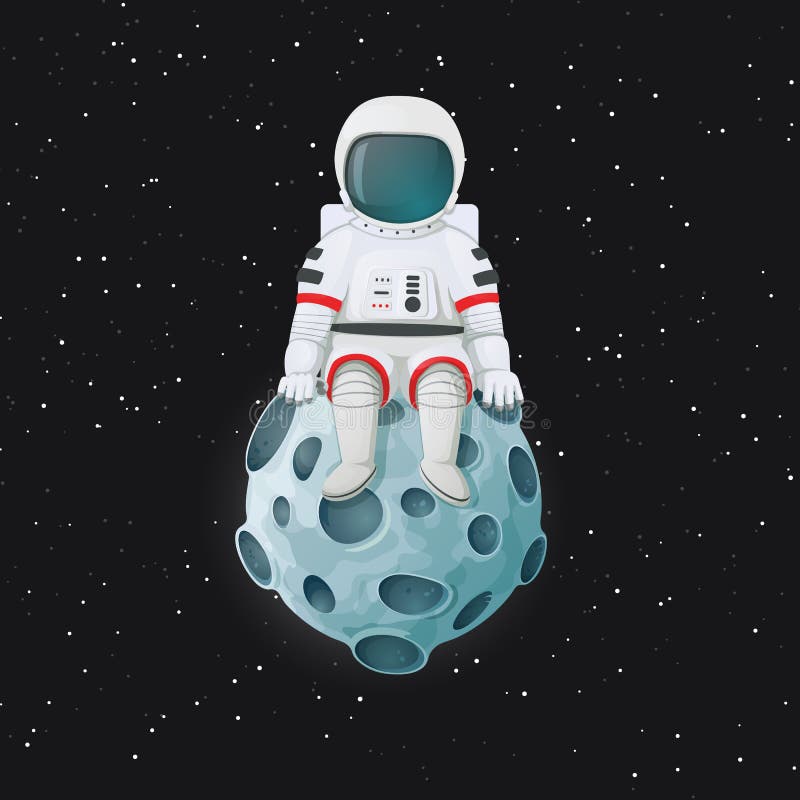 Tecknad filmastronaut som sitter på månen Yttre rymd och stjärnor i bakgrunden vektor illustrationer Tecknad filmastronaut som sitter på månen Yttre rymd och stjärnor i bakgrunden vektor illustrationer