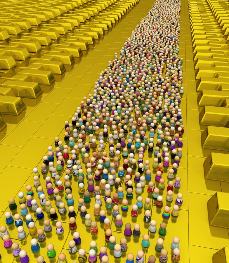 Crowd of small symbolic figures, golden reserve, 3d illustration, horizontal. Crowd of small symbolic figures, golden reserve, 3d illustration, horizontal