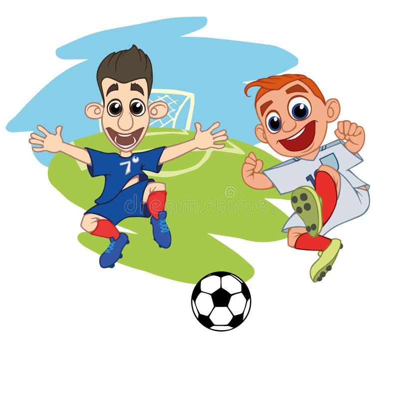 Tecknad filmfotbollspelare spelar bollen på stadion vektor illustrationer Tecknad filmfotbollspelare spelar bollen på stadion vektor illustrationer