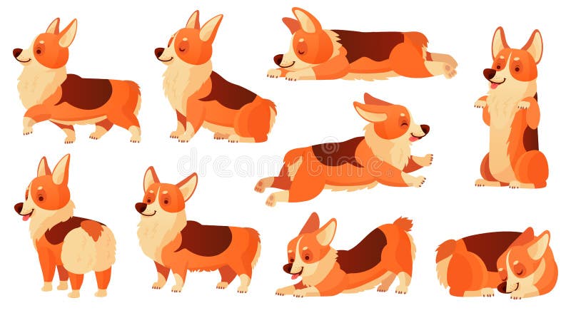 Cartoon dog character. Sleeping corgi dogs poses, pedigree dog fitness sport exercise and relaxing pet yoga pose. Corgi puppy doggy sitting or domestic pets emotion isolated vector icons set. Cartoon dog character. Sleeping corgi dogs poses, pedigree dog fitness sport exercise and relaxing pet yoga pose. Corgi puppy doggy sitting or domestic pets emotion isolated vector icons set