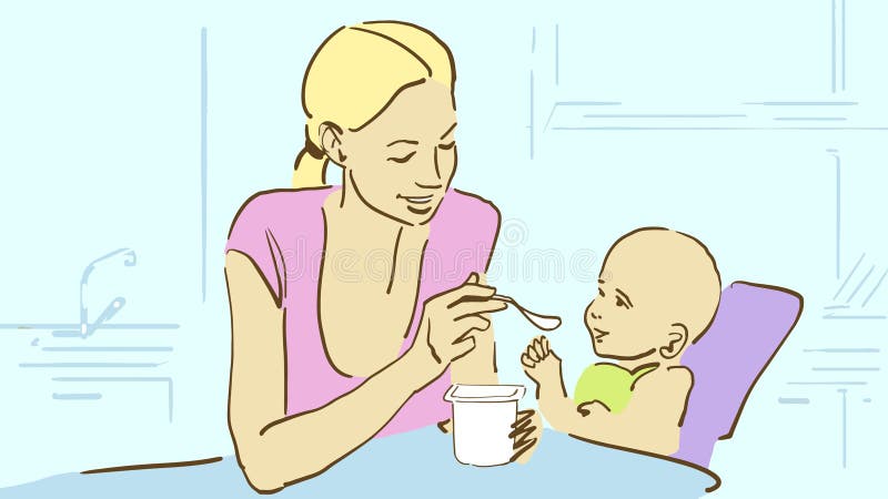 Tecknad filmmamman matar henne behandla som ett barn med yoghurt på köket stock illustrationer Tecknad filmmamman matar henne behandla som ett barn med yoghurt på köket stock illustrationer