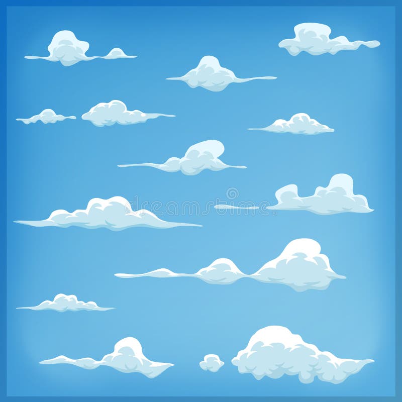 Tecknad filmmolnuppsättning på bakgrund för blå himmel