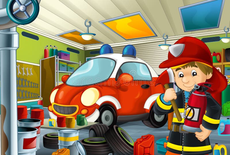 Tecknad filmplats med garagebrandmanmekanikern som arbetar repearing något medel - bil- eller rengörande arbetsställe för brandma vektor illustrationer Tecknad filmplats med garagebrandmanmekanikern som arbetar repearing något medel - bil- eller rengörande arbetsställe för brandma vektor illustrationer