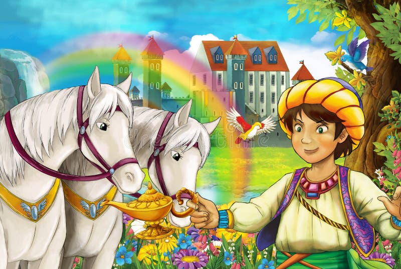 Tecknad filmplatsen med härliga par av hästar strömmar regnbågen och slotten i det unga prinsanseendet för bakgrund som ler och s royaltyfri illustrationer Tecknad filmplatsen med härliga par av hästar strömmar regnbågen och slotten i det unga prinsanseendet för bakgrund som ler och s royaltyfri illustrationer