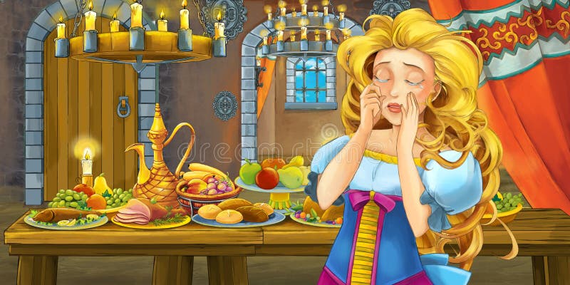 Tecknad filmsaga med prinsessan i slotten vid tabellen mycket av mat som ser och ler stock illustrationer Tecknad filmsaga med prinsessan i slotten vid tabellen mycket av mat som ser och ler stock illustrationer