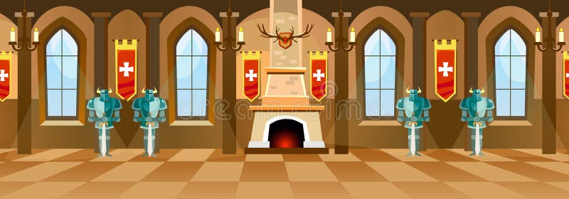 Tecknad filmslottkorridor med riddare, spisen och fönster i stort r royaltyfri illustrationer Tecknad filmslottkorridor med riddare, spisen och fönster i stort r royaltyfri illustrationer