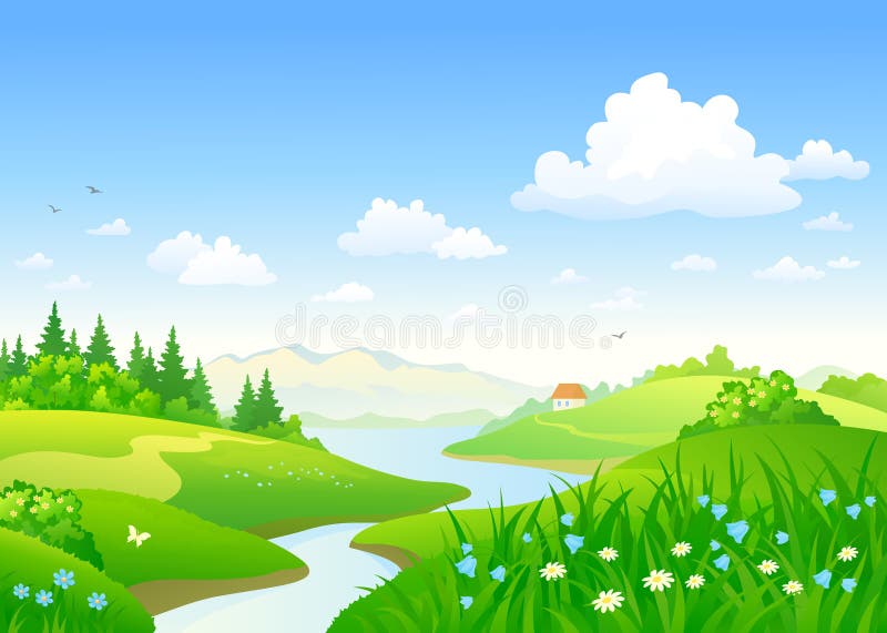 Tecknad filmsommarlandskap stock illustrationer Tecknad filmsommarlandskap stock illustrationer