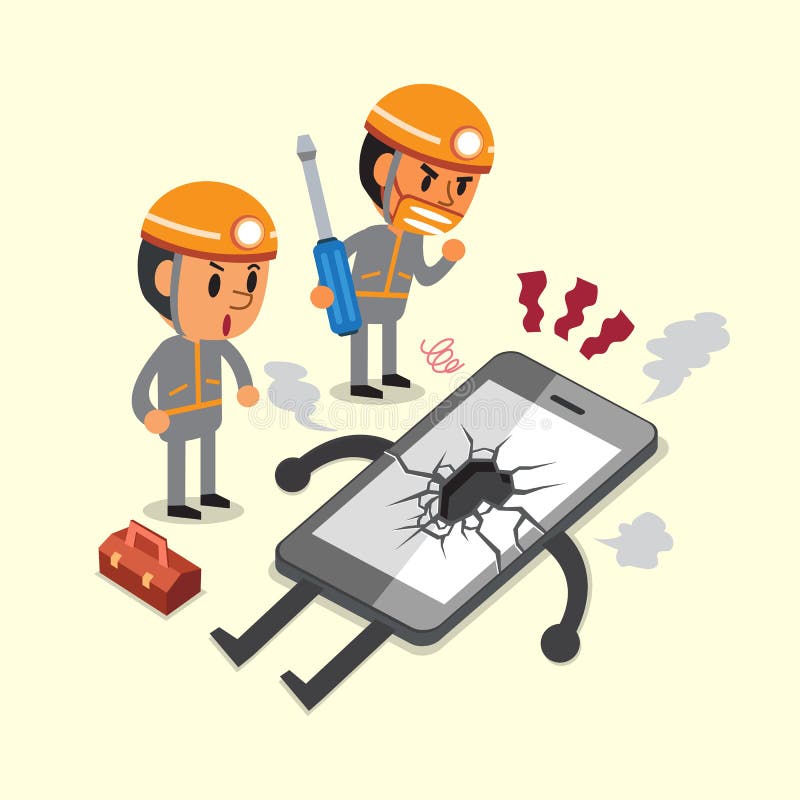Tecknad filmtekniker och en bruten smartphone royaltyfri illustrationer Tecknad filmtekniker och en bruten smartphone royaltyfri illustrationer