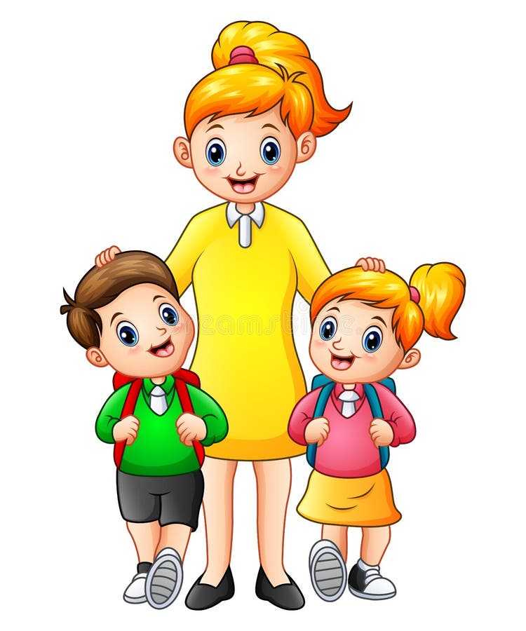 Tecknad filmungar som eskorteras av deras mamma till skolan stock illustrationer Tecknad filmungar som eskorteras av deras mamma till skolan stock illustrationer