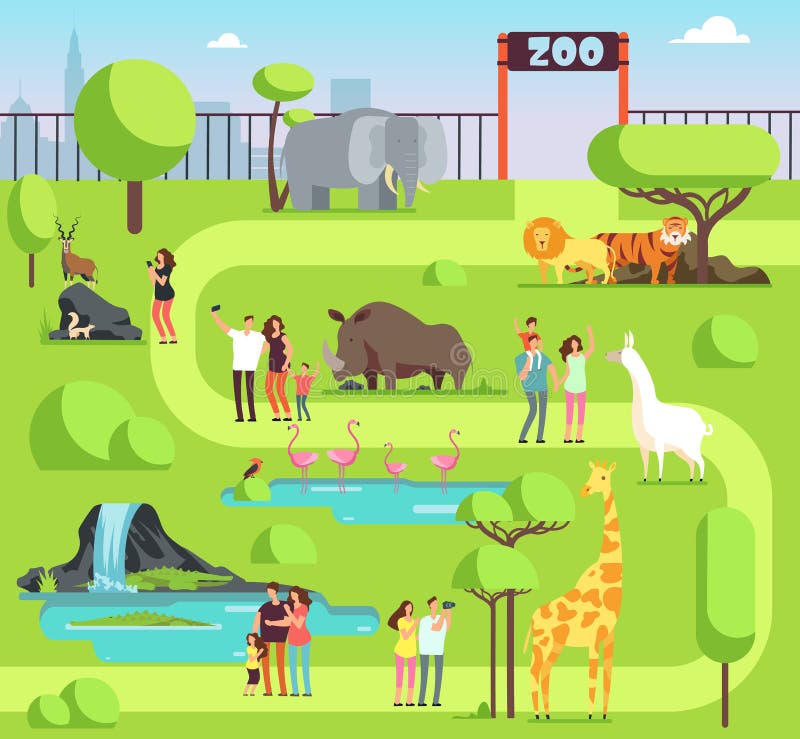 Tecknad filmzoo med besökare och safaridjur Lyckliga familjer med ungar i zoologiskt parkerar vektorillustrationen stock illustrationer Tecknad filmzoo med besökare och safaridjur Lyckliga familjer med ungar i zoologiskt parkerar vektorillustrationen stock illustrationer