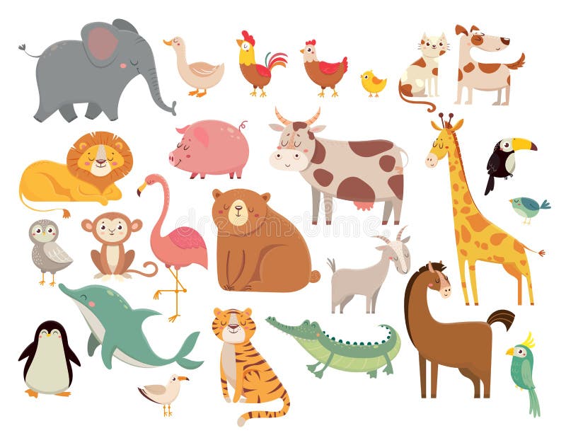 tecknad hand isolerad vektorwhite för djur tecknad film Gullig elefant och lejon, giraff och krokodil, ko och höna, hund och katt