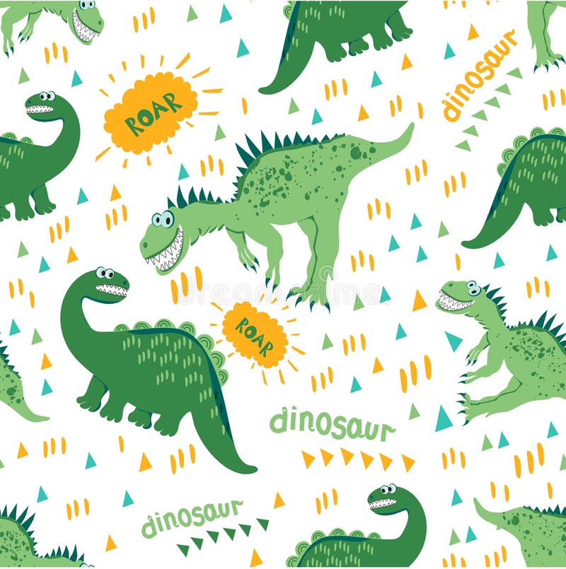 Tecknade filmen Dino tycker om går och en trevlig varm dag seamless dinosaurmodell För barns mode design av barns kläder, f vektor illustrationer Tecknade filmen Dino tycker om går och en trevlig varm dag seamless dinosaurmodell För barns mode design av barns kläder, f vektor illustrationer
