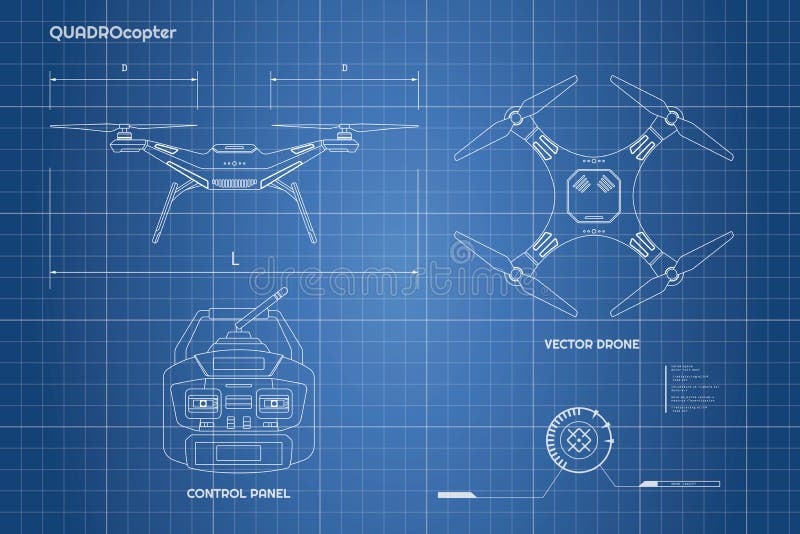 Teckning av surret Industriell ritning kontrollbordet av quadrocopter Framdel bästa sikt vektor illustrationer