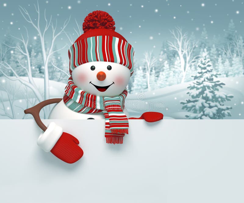 3d render cartoon character, Christmas banner with happy snowman toy, blank banner with winter landscape, New Year greeting card. 3d render cartoon character, Christmas banner with happy snowman toy, blank banner with winter landscape, New Year greeting card.