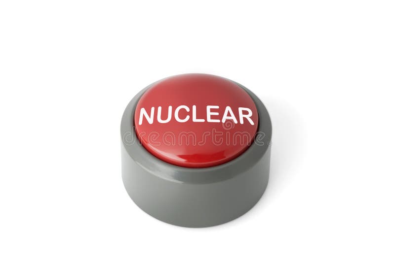 A tecla circular vermelha etiquetou o ` ` nuclear no fundo branco foto de stock A tecla circular vermelha etiquetou o ` ` nuclear no fundo branco foto de stock