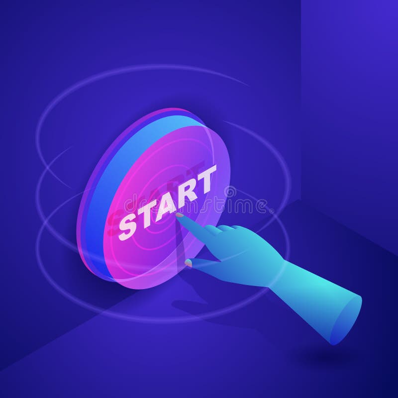 Tecla de partida humana de la prensa de la mano Concepto del arranque de negocio Ejemplo isométrico de neón de las pendientes 3d stock de ilustración Tecla de partida humana de la prensa de la mano Concepto del arranque de negocio Ejemplo isométrico de neón de las pendientes 3d stock de ilustración