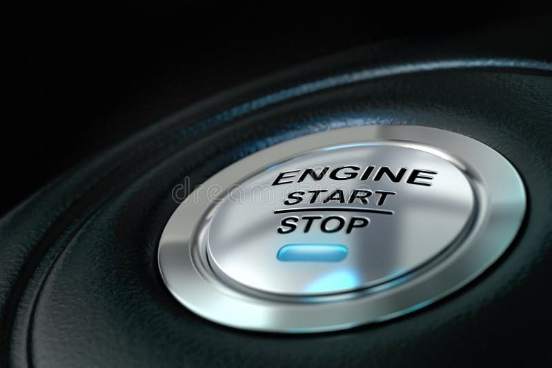 Car engine start and stop button with blue light anf black textured background, close up and details on the text. Car engine start and stop button with blue light anf black textured background, close up and details on the text