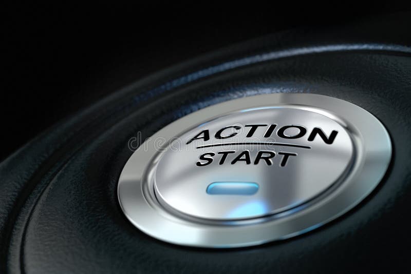 Pushed action start button over black background, blue light, motivation concept. Pushed action start button over black background, blue light, motivation concept