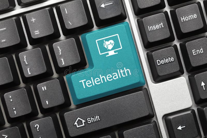 Close-up view on conceptual keyboard - Telehealth blue key. Close-up view on conceptual keyboard - Telehealth blue key