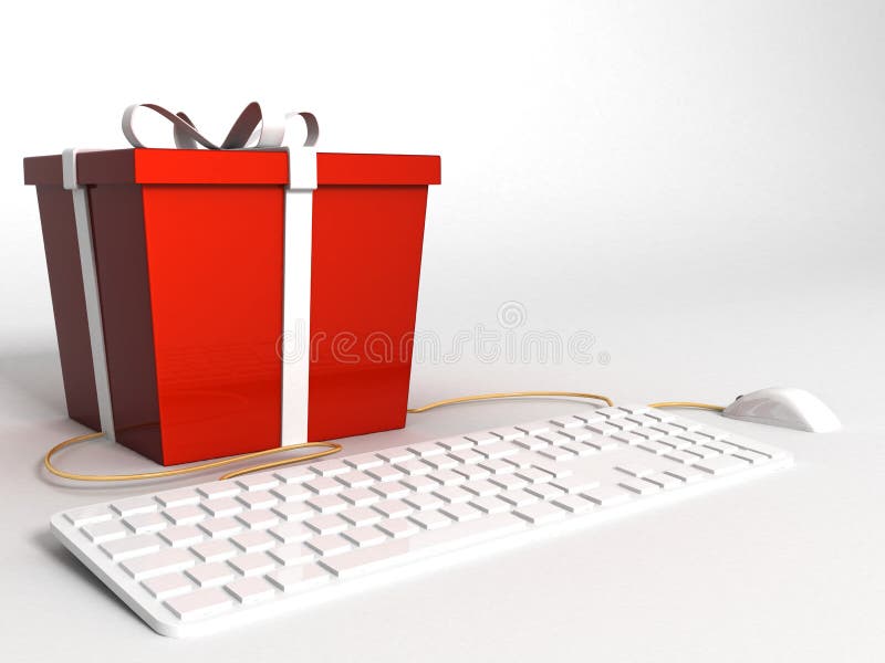 Teclado, rato e presente vermelho envolvido ilustração royalty free Teclado, rato e presente vermelho envolvido ilustração royalty free
