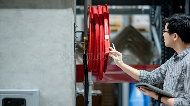 Tecnico asiatico che controlla l'avvolgitore per tubo del fuoco immagine stock