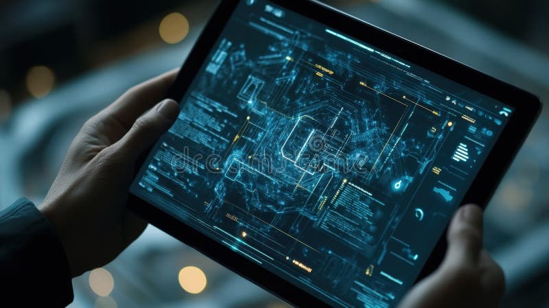 Tecnico IT con tablet che mostra un'interfaccia futuristica per la sicurezza informatica immagini stock libere da diritti