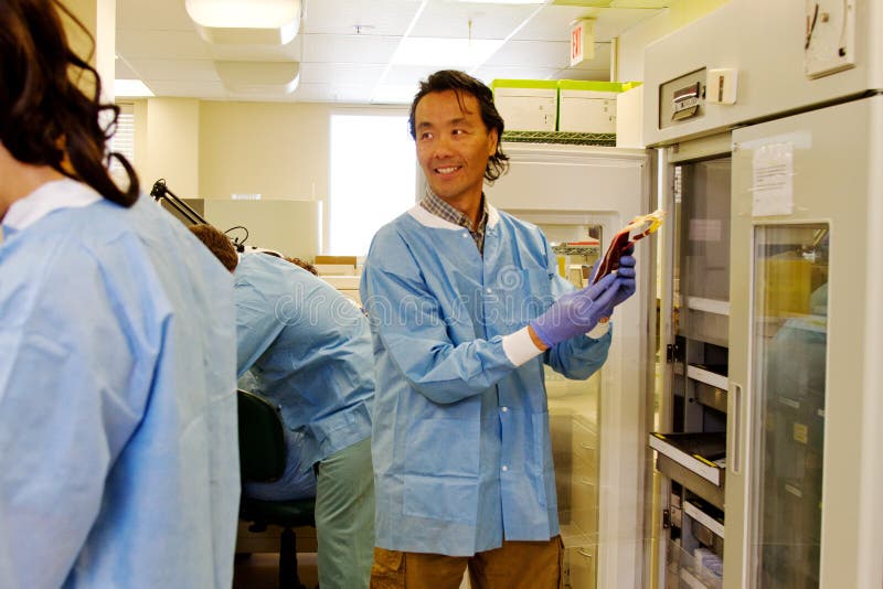 Tecnico di laboratorio che verifica la banca del sangue immagini stock Tecnico di laboratorio che verifica la banca del sangue immagini stock