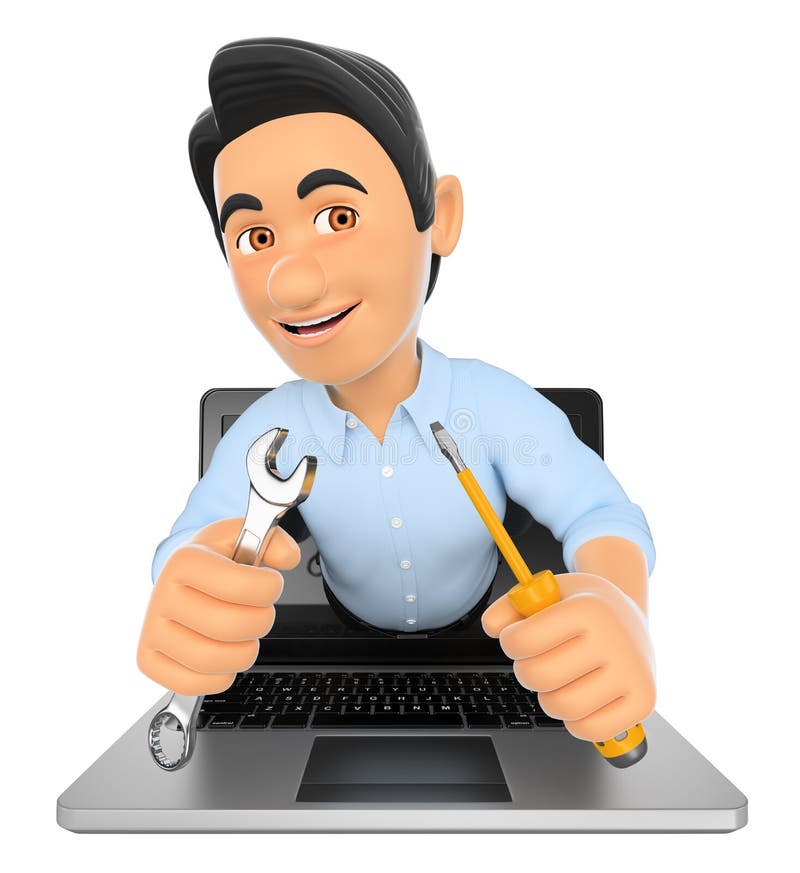 tecnico di tecnologia dell'informazione 3D che viene fuori uno schermo del computer portatile illustrazione di stock tecnico di tecnologia dell'informazione 3D che viene fuori uno schermo del computer portatile illustrazione di stock