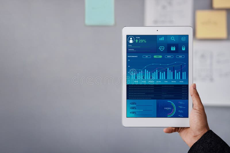 Tecnolog?a en concepto del m?rketing de las finanzas y de negocio Los gr?ficos y las cartas muestran en la pantalla de la almohad imagenes de archivo Tecnolog?a en concepto del m?rketing de las finanzas y de negocio Los gr?ficos y las cartas muestran en la pantalla de la almohad imagenes de archivo