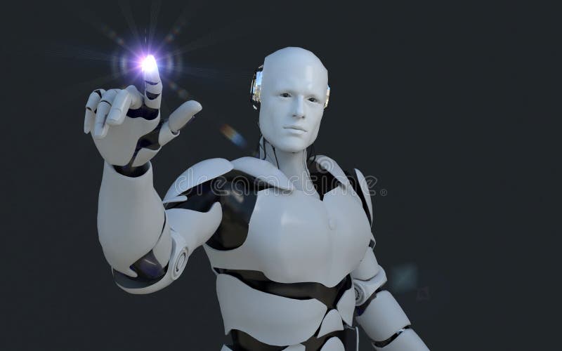 Tecnologia branca do robô que está apontando a algo na frente dele tecnologia no futuro, em um fundo preto ilustração do vetor Tecnologia branca do robô que está apontando a algo na frente dele tecnologia no futuro, em um fundo preto ilustração do vetor