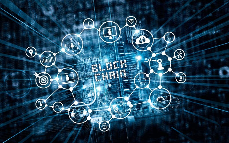 Blockchain technology and network concept. Block chain text and icon network connection on motherboard microcircuit fast speed background. Blockchain technology and network concept. Block chain text and icon network connection on motherboard microcircuit fast speed background
