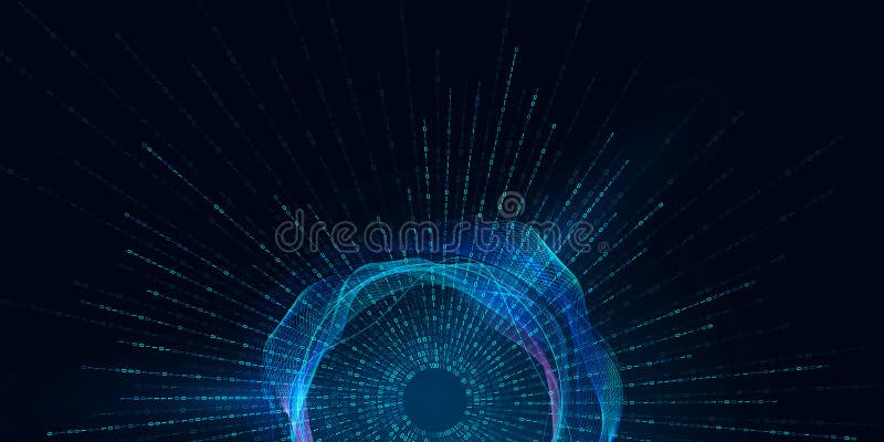 Digital innovation, technology, big data, AI. Abstract binary shape with circular wave element for design on theme of technology, artificial intelligence. Dispersed 0 and 1 on blue background. Copy space. Digital innovation, technology, big data, AI. Abstract binary shape with circular wave element for design on theme of technology, artificial intelligence. Dispersed 0 and 1 on blue background. Copy space