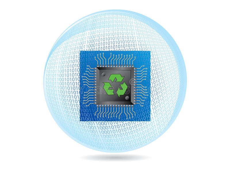 Recycling ecology binary sphere with microchip and circuit board isolated over white, vector illustration. Recycling ecology binary sphere with microchip and circuit board isolated over white, vector illustration