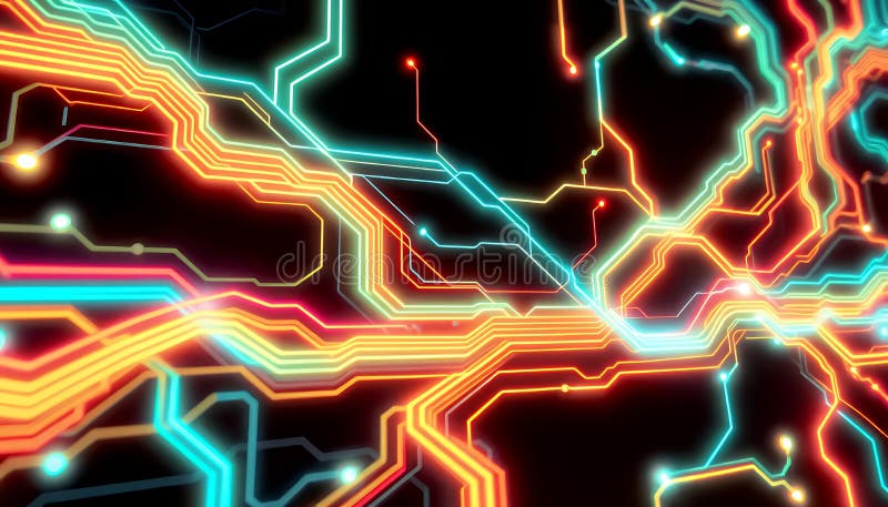 Tecnologia di Neon astratta Illustrazione di Rete interconnessa con Linee di Circuito in movimento sullo sfondo scuro e l'estetica illustrazione di stock