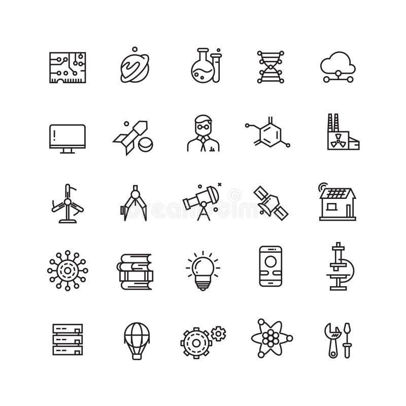 Tecnologias e linha ícones do vetor da ciência ilustração royalty free Tecnologias e linha ícones do vetor da ciência ilustração royalty free