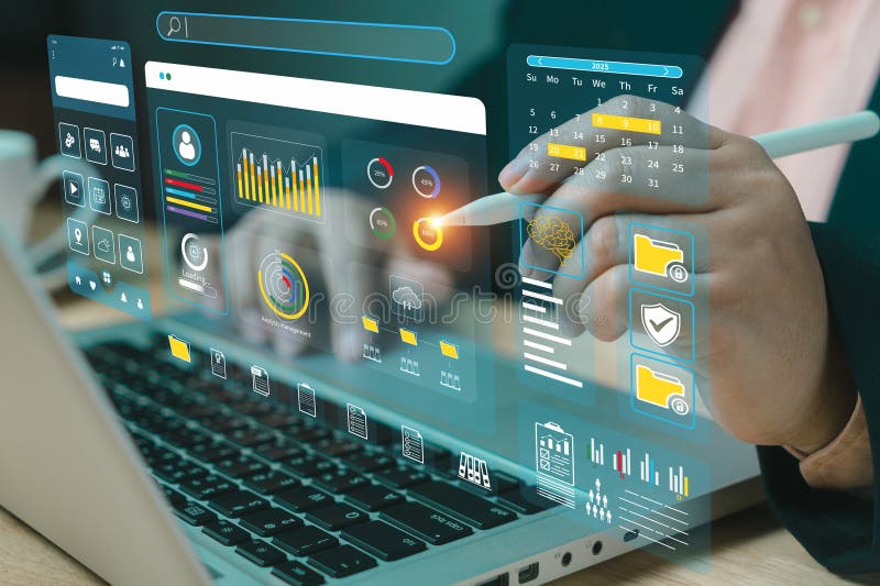 Tecnología de datos y marketing digital. Panel de análisis de datos del sistema de KPI de negocio financiero. El analista utiliza imagen de archivo