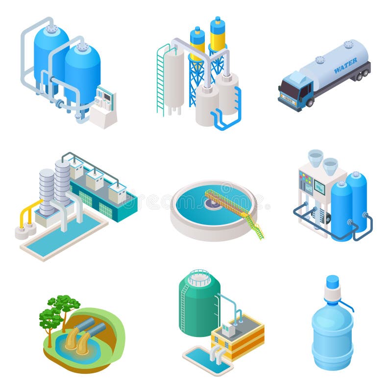 Tecnología de la purificación del agua El sistema industrial del agua isométrica del tratamiento, vector del separador de las agu Tecnología de la purificación del agua El sistema industrial del agua isométrica del tratamiento, vector del separador de las agu
